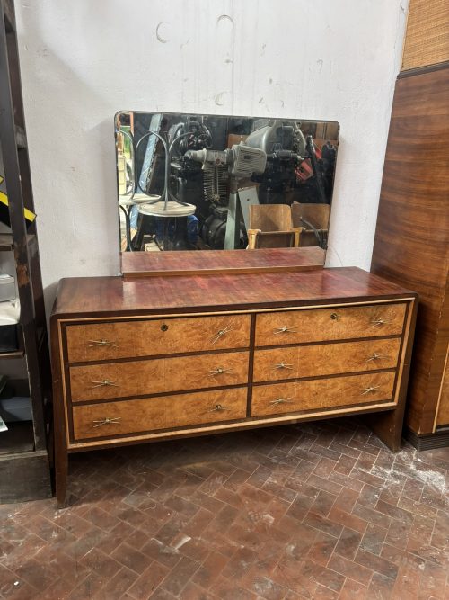 Cassettiera vintage in radica con specchiera - H86 L165 P50 cm